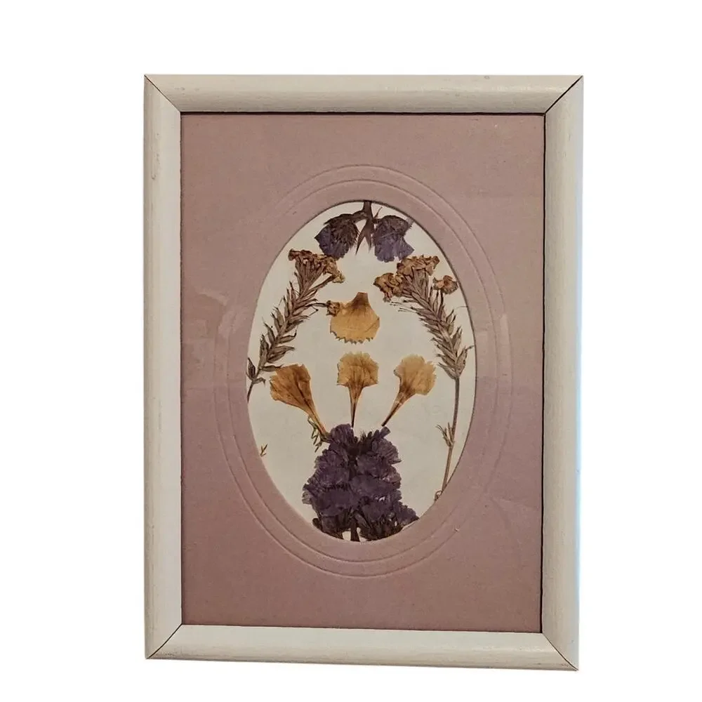 Vintage Dried Flower Picture Purple Floral Prairie Rustic Cottage 90s Decor Boho